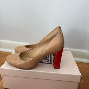Ivanka Trump Nude Patent Heels with Bold Red Accent